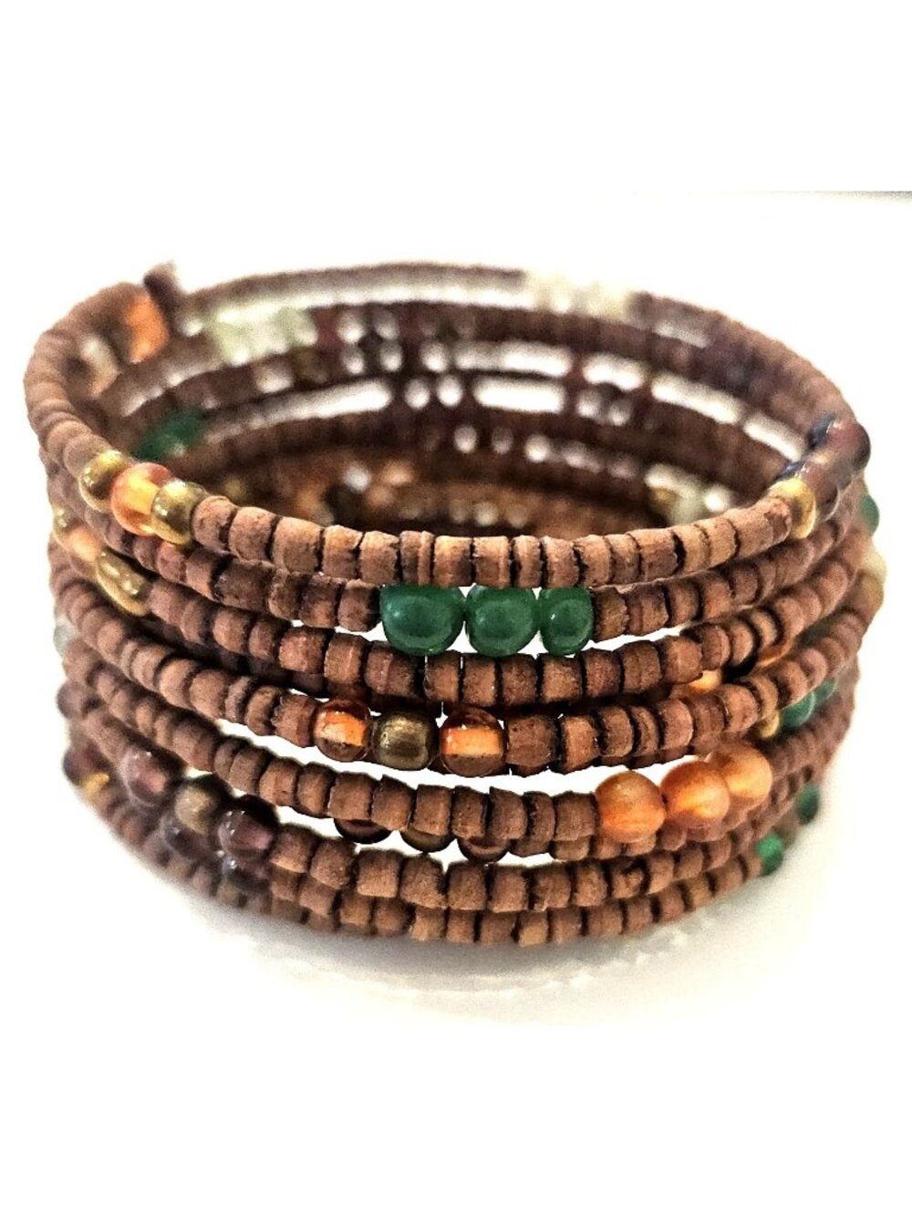 Earth Toned Brown Green & Orange Beaded Multi Layer Coiled Memory Wire Bracelet